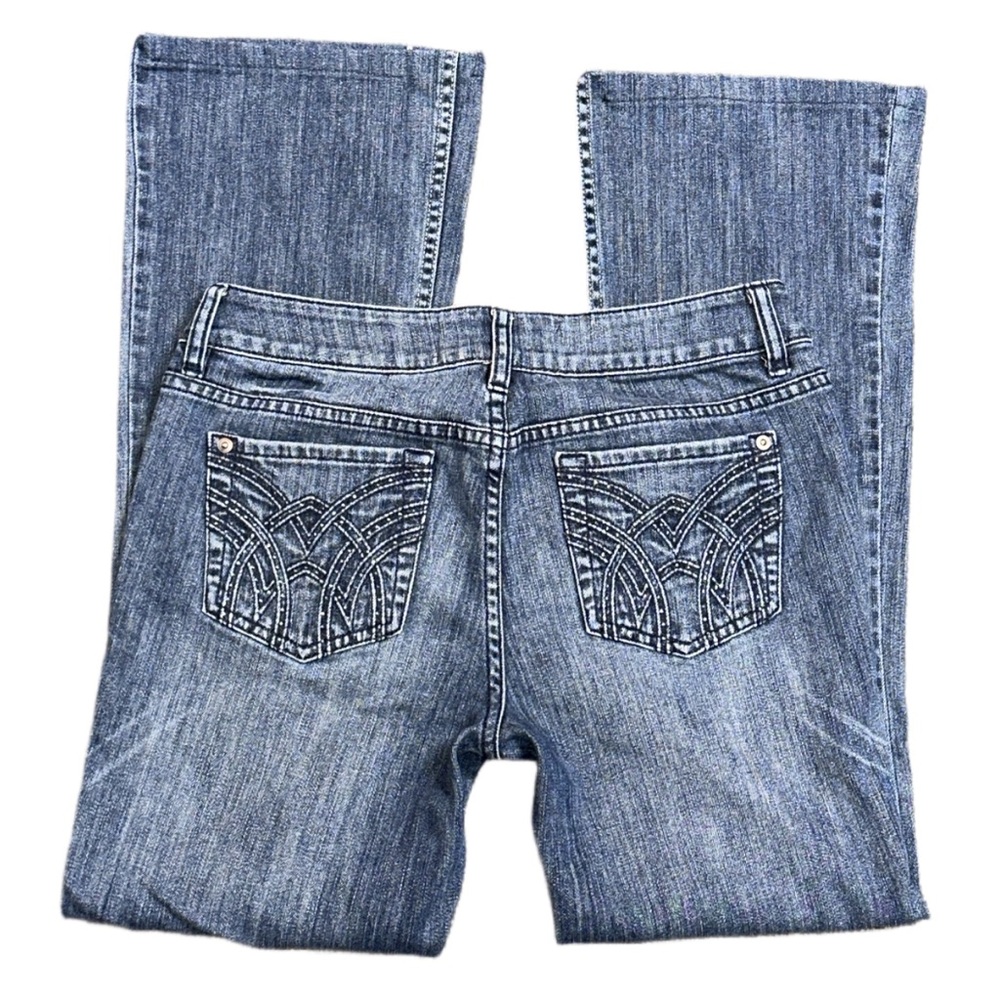 Y2K JULIA women's mid rise faded embroidered rhinestone flare jeans, 29.